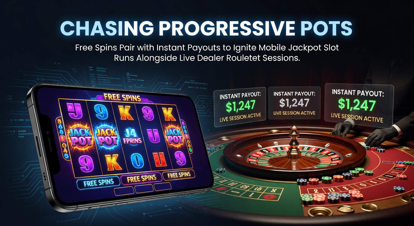Mobile slot player chasing a glowing progressive jackpot while a live roulette wheel spins in the background, highlighting free spins and instant payout features