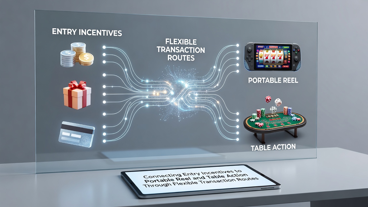 Diagram illustrating flexible payment pathways connecting entry incentives to mobile slots and live table games