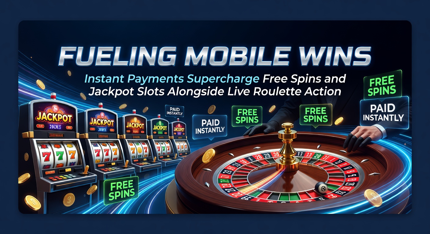 Vibrant mobile casino screen showing free spins activating on colorful slot reels with instant deposit notification overlay