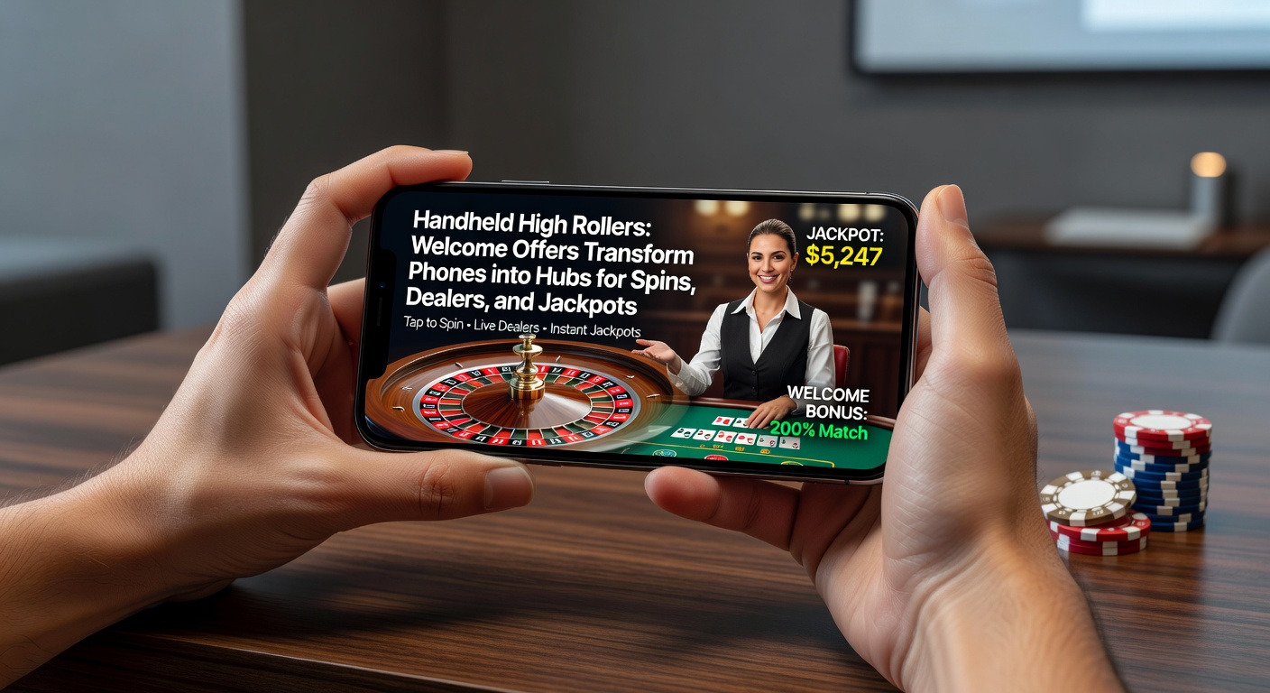 Smartphone screen displaying a vibrant mobile casino welcome bonus offer with slot reels and live dealer tables in the background