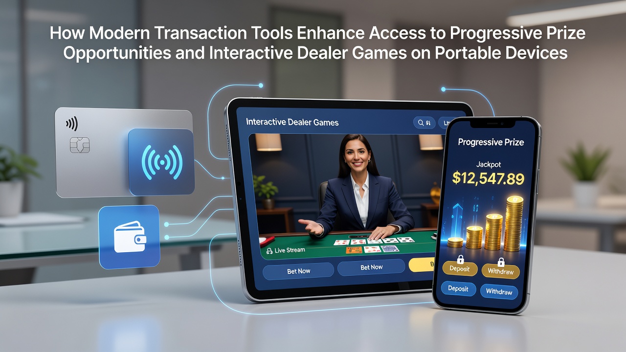 Modern mobile payment interfaces connecting to casino apps showing progressive jackpot meters and live dealer tables