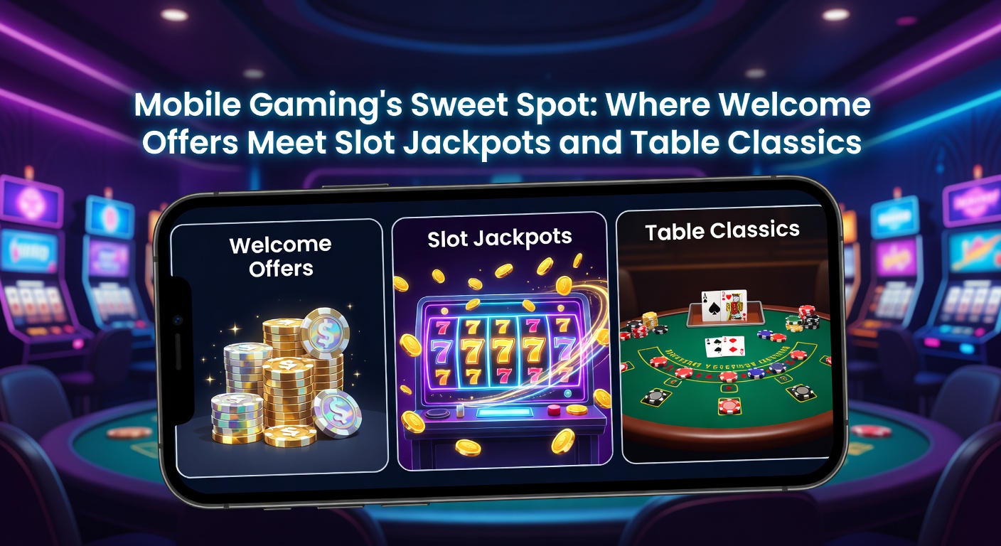 Vibrant mobile screen displaying slot reels spinning with jackpot symbols alongside a live roulette wheel and welcome bonus popup