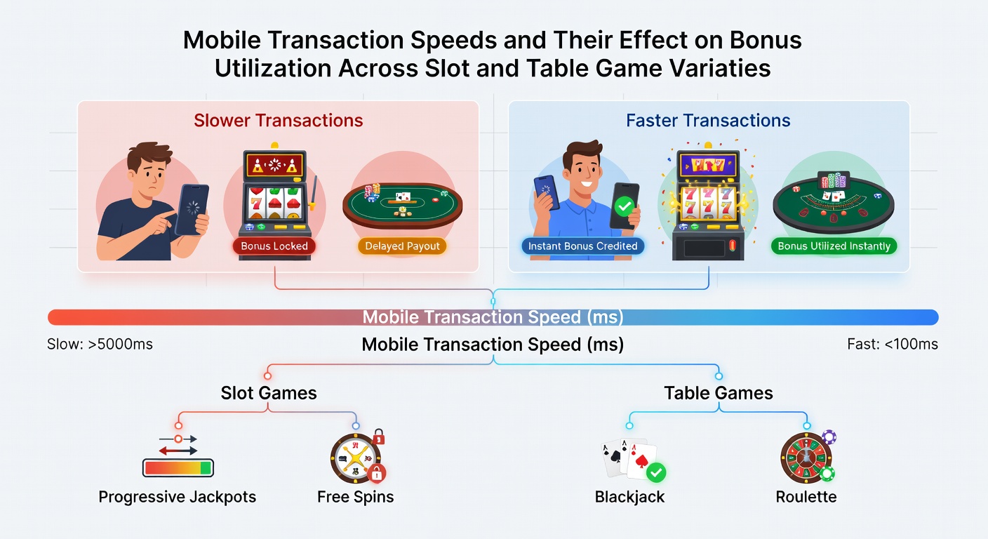 Comparison chart showing transaction speed metrics next to slot reel and blackjack table icons on mobile screen