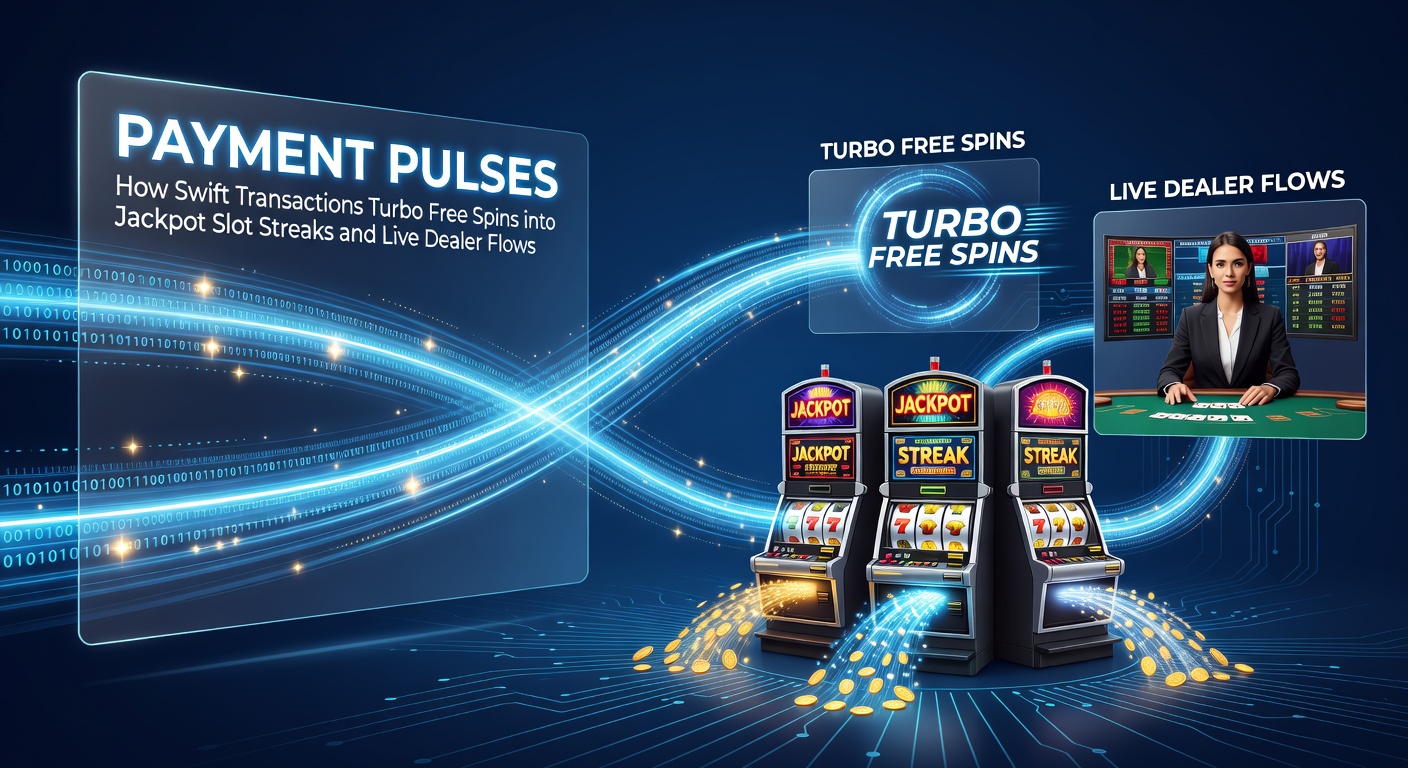 Dynamic graphic showing swift payment icons pulsing into exploding free spins and jackpot slot reels alongside live dealer tables