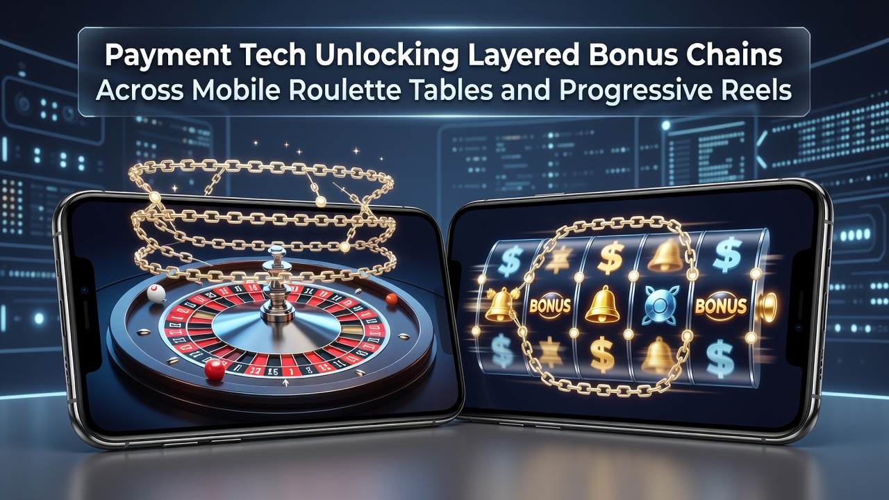Progressive reel display with active bonus chain indicators and mobile payment notification overlay