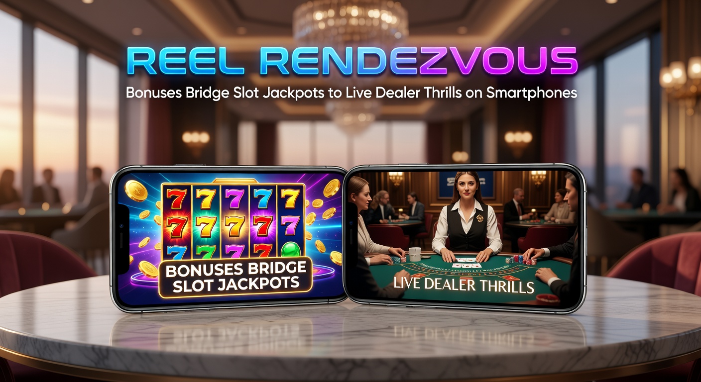 Smartphone screen displaying vibrant slot reels transitioning to a live dealer blackjack table with bonus overlays highlighting jackpot potential and wagering credits