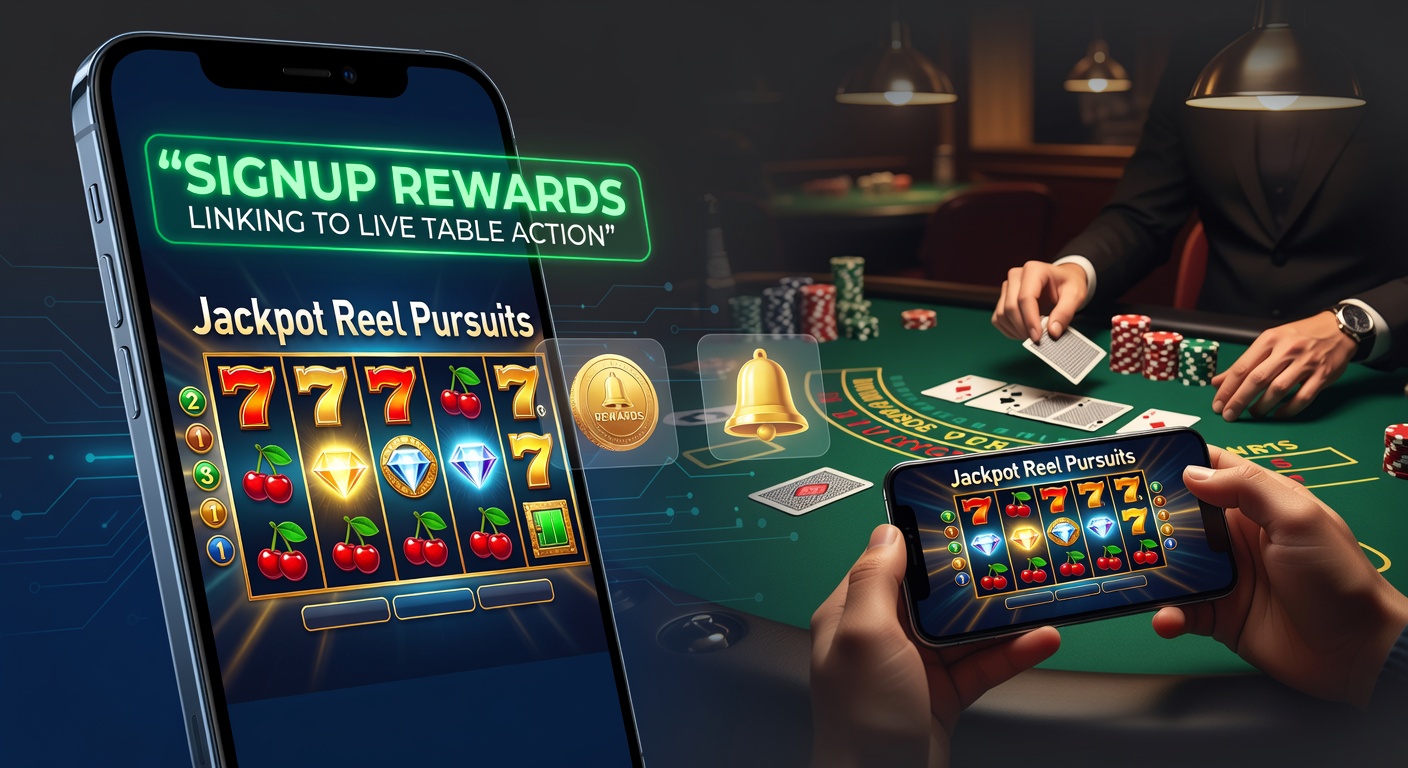 Mobile casino interface showing signup rewards connecting slot reels to live dealer tables on a smartphone screen