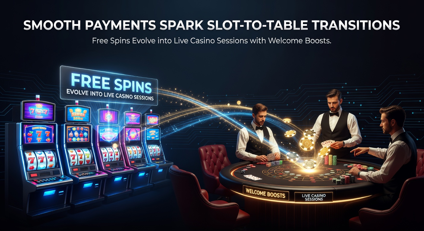 Vibrant online casino interface showing slot reels spinning into a live dealer blackjack table with glowing deposit buttons and bonus notifications