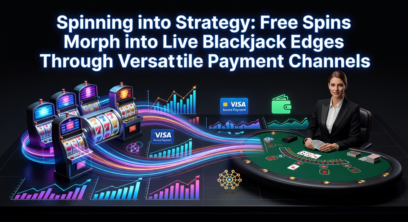 Dynamic online casino scene showing slot reels spinning into a live blackjack table with payment icons overlayed